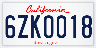CA license plate 6ZKO018