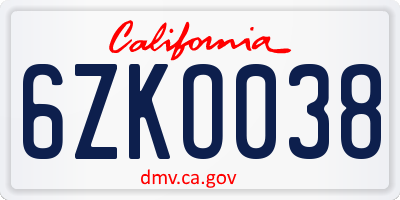 CA license plate 6ZKO038