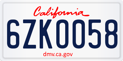 CA license plate 6ZKO058