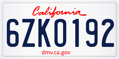 CA license plate 6ZKO192