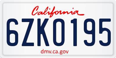 CA license plate 6ZKO195