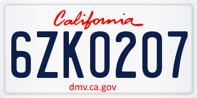 CA license plate 6ZKO207