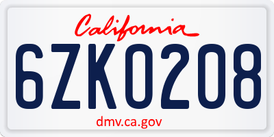 CA license plate 6ZKO208