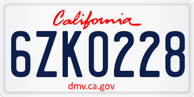 CA license plate 6ZKO228