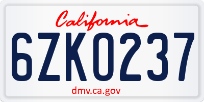 CA license plate 6ZKO237