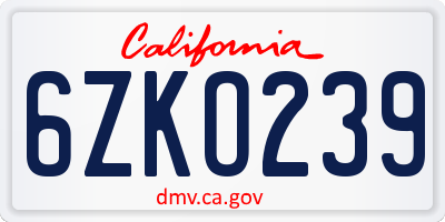 CA license plate 6ZKO239
