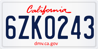 CA license plate 6ZKO243