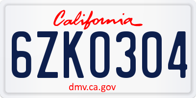 CA license plate 6ZKO304