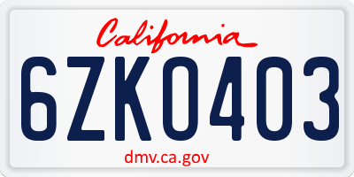 CA license plate 6ZKO403