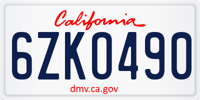 CA license plate 6ZKO490