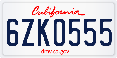 CA license plate 6ZKO555