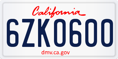 CA license plate 6ZKO600
