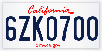 CA license plate 6ZKO700