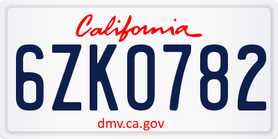 CA license plate 6ZKO782