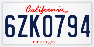 CA license plate 6ZKO794
