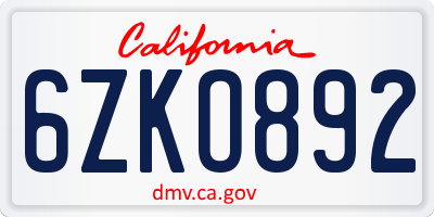 CA license plate 6ZKO892