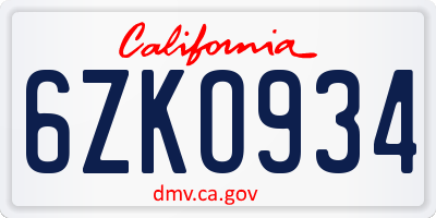 CA license plate 6ZKO934