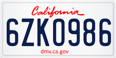 CA license plate 6ZKO986