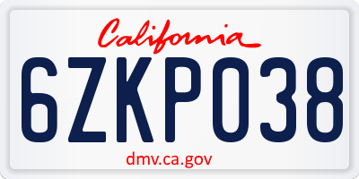 CA license plate 6ZKP038