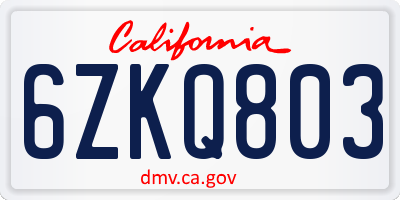 CA license plate 6ZKQ803