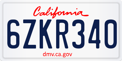 CA license plate 6ZKR340