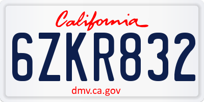 CA license plate 6ZKR832