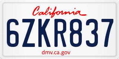 CA license plate 6ZKR837