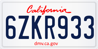 CA license plate 6ZKR933
