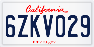CA license plate 6ZKV029