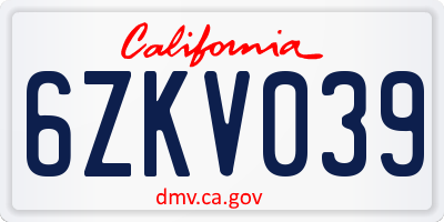 CA license plate 6ZKV039