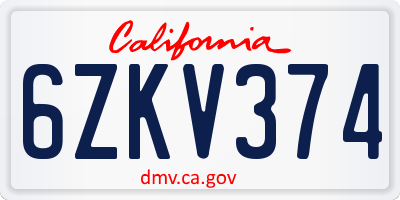CA license plate 6ZKV374