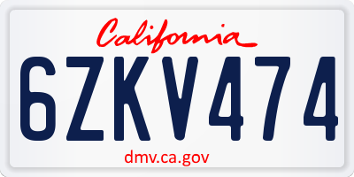 CA license plate 6ZKV474