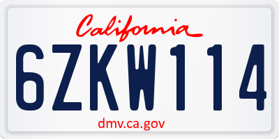 CA license plate 6ZKW114