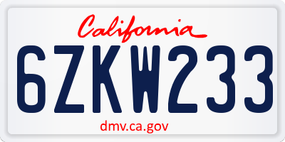 CA license plate 6ZKW233