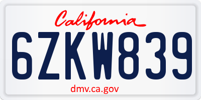 CA license plate 6ZKW839