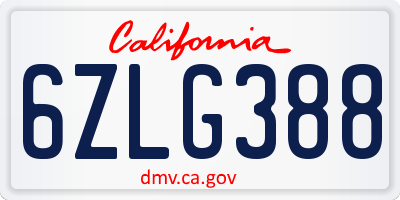 CA license plate 6ZLG388