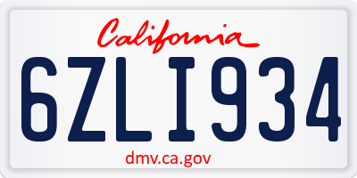 CA license plate 6ZLI934