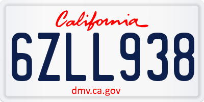 CA license plate 6ZLL938