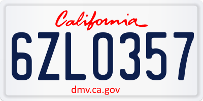 CA license plate 6ZLO357