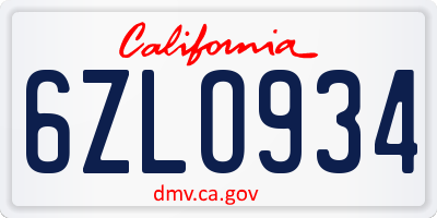 CA license plate 6ZLO934