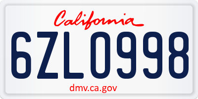 CA license plate 6ZLO998