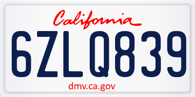 CA license plate 6ZLQ839