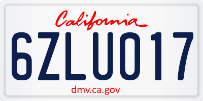 CA license plate 6ZLU017