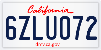 CA license plate 6ZLU072