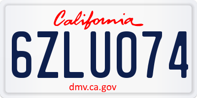 CA license plate 6ZLU074