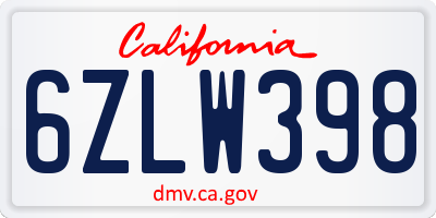 CA license plate 6ZLW398