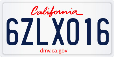 CA license plate 6ZLX016