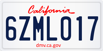 CA license plate 6ZML017
