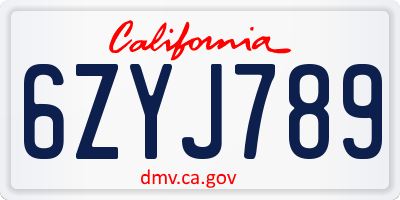 CA license plate 6ZYJ789