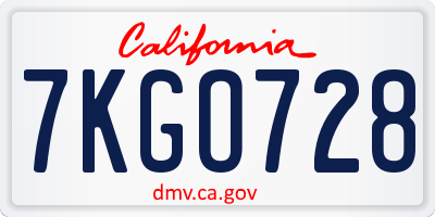 CA license plate 7KGO728
